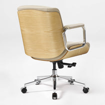 Eureka Ergonomic Mason Beige Low-Back Office Chair, Rear Three-Quarter View Highlighting the Curved Walnut-Finish Wood Shell