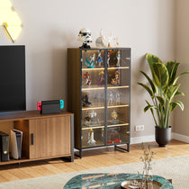 Wooden Curio Cabinet With Led Lighting, Showcasing Collectible Figurines and Models in a Modern Living Room Setting.