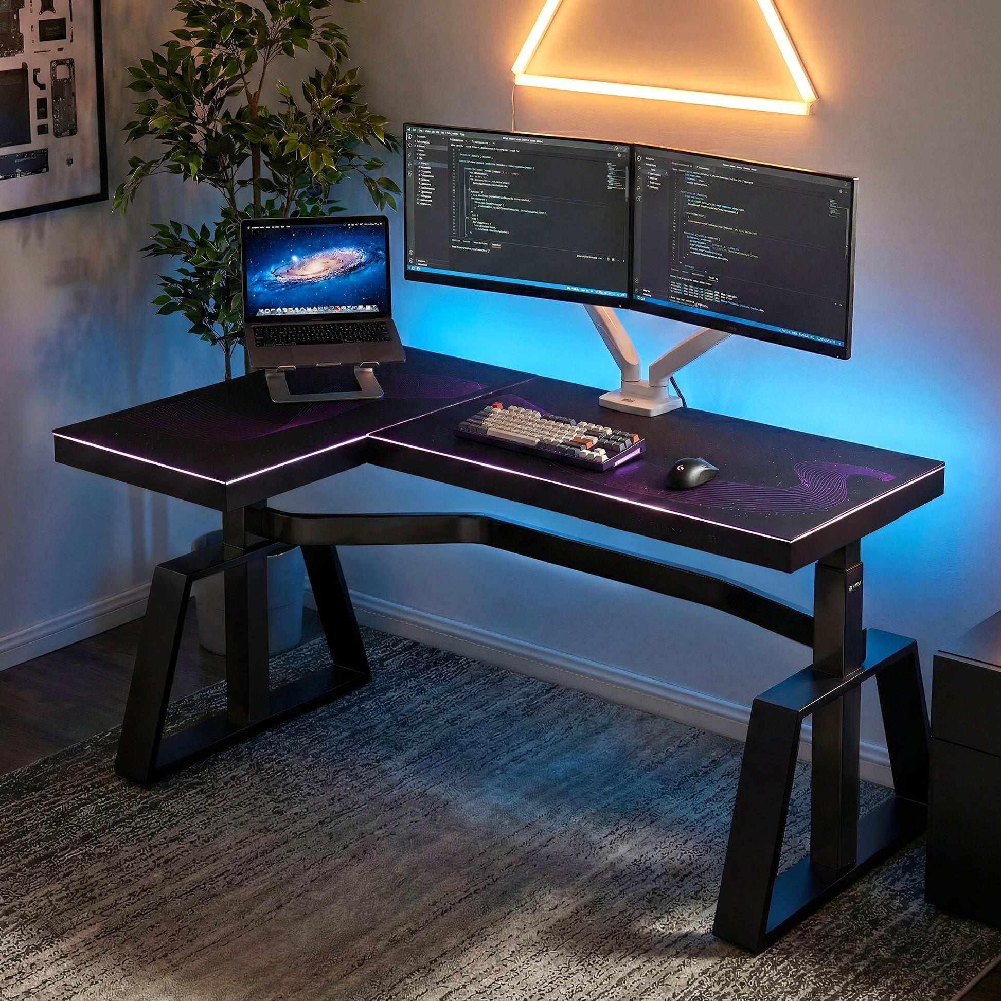 Modern L-shaped standing desk with a black frosted glass top and integrated RGB lighting, featuring for gamer, creator,