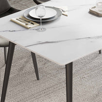 Liam 55.91 Dining Table, White Sintered Stone Top, Black Legs, Dining Setting.