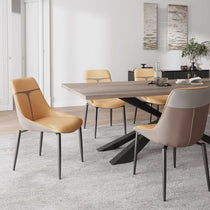 Couture Dining Set With Turmeric Leather Chairs, Gray Accents, and Brushed Nickel Legs, Modern Dining Room.