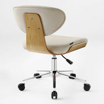 Eureka Ergonomic Off-white faux leather office chair with curved light wood veneer shell, chrome base, and casters.