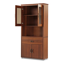 Eureka Ergonomic Walnut Bookcase With Glass Doors Open, Showing Shelves, Cabinet, and Drawer. Stylish Storage Solution.