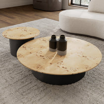 Birch Veneer Coffee Table Set of 2 With Modern Design. Light Wood Top and Dark Metal Base, Elegant Living Room Furniture.