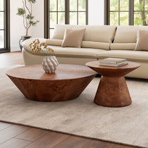 43 Brown Round Coffee Table Set - Wooden Burl Veneer Tables in Living Room With Sofa and Rug.