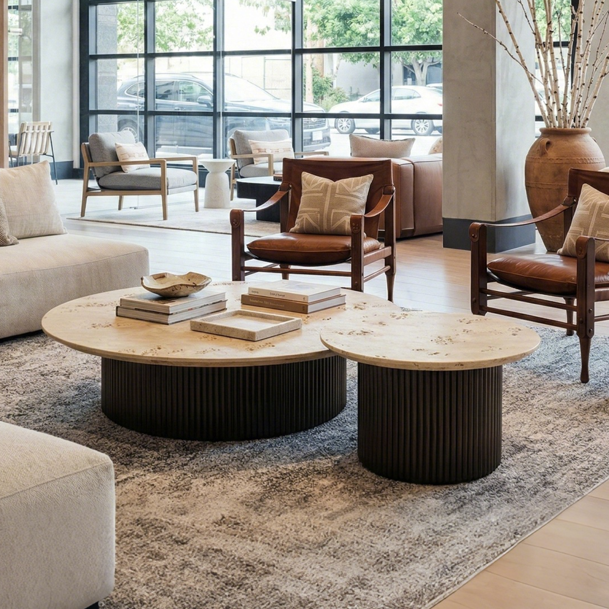 Birch Veneer Coffee Table Set of 2 With Modern Design. Light Wood Top and Dark Metal Base, Elegant Lounge Area.