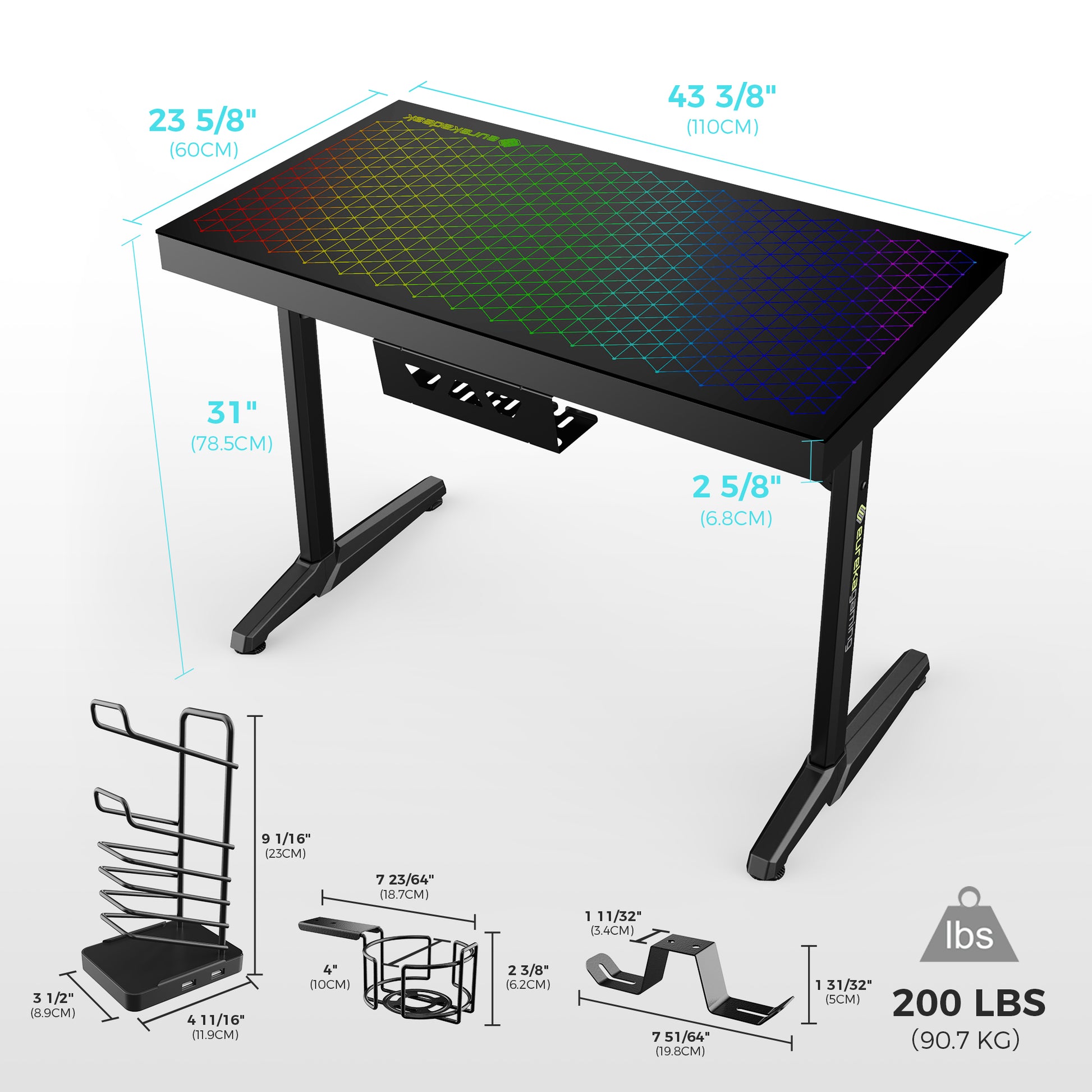 GTG-I43 43 inch Glass RGB Desktop Gaming Desk, Fixed Height Desk, with Accessory Set, Product Dimensions