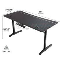 Eureka Ergonomic Gip 60 Gaming Desk With Black Finish and Dimensions Detailed, Up to 200 Lbs Weight Capacity.