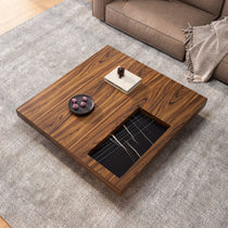 Square Solid Wood Coffee Table With Sunken Small Desktop, Wooden Grain, Marble Inset, Minimalist Design.
