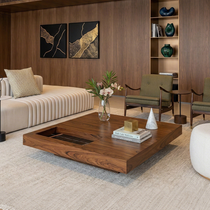 Modern Square Solid Wood Coffee Table With Sunken Desktop, Paired With Beige Sofa in a Office Setting, Minimalist Design.