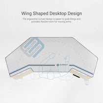 Aero Pro Wing-Shaped Standing Desk, Light Wood Finish, Ergonomic Design for Spacious Workspace.