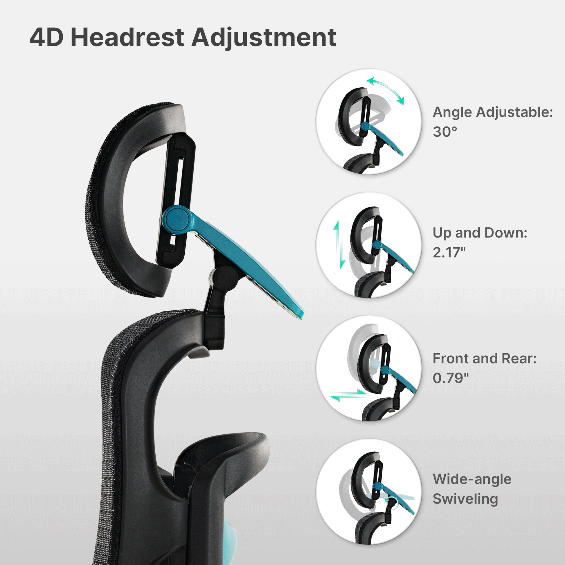 Axion Ergonomic Gaming Chair 4D Adjustable Headrest: Angle, Up/Down, Front/Rear, and Wide-Angle Swivel, Black Mesh.