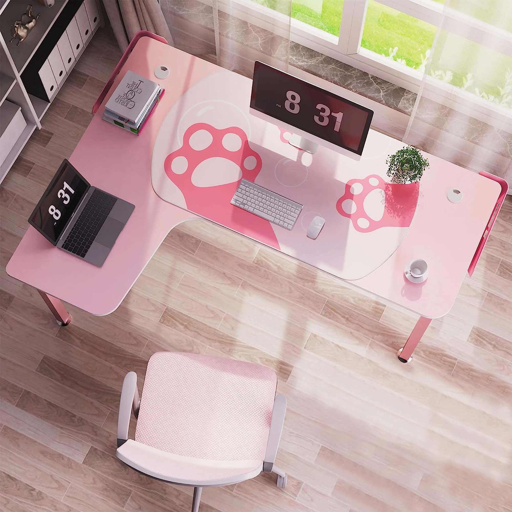 60'' Pink Gaming Computer Desk with L shape Surface for Office Bedroom