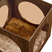 Eureka Ergonomic Dark wood cat bed side table with glass top, featuring plush cushion inside and oval openings for cat access.