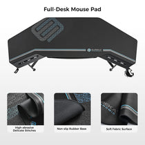 Eureka Ergonomic Black full-desk mouse pad, blue geometric pattern, stitched edges, non-slip base for gaming desk.