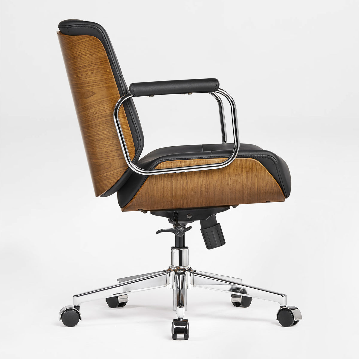 Eureka Ergonomic black Mathias Mason low back office chair shown from a side angle on white 