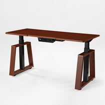 Eureka Ergonomic Ark Lite standing desk with dark woodgrain top, beveled edge, and trapezoidal legs with cable management tray.