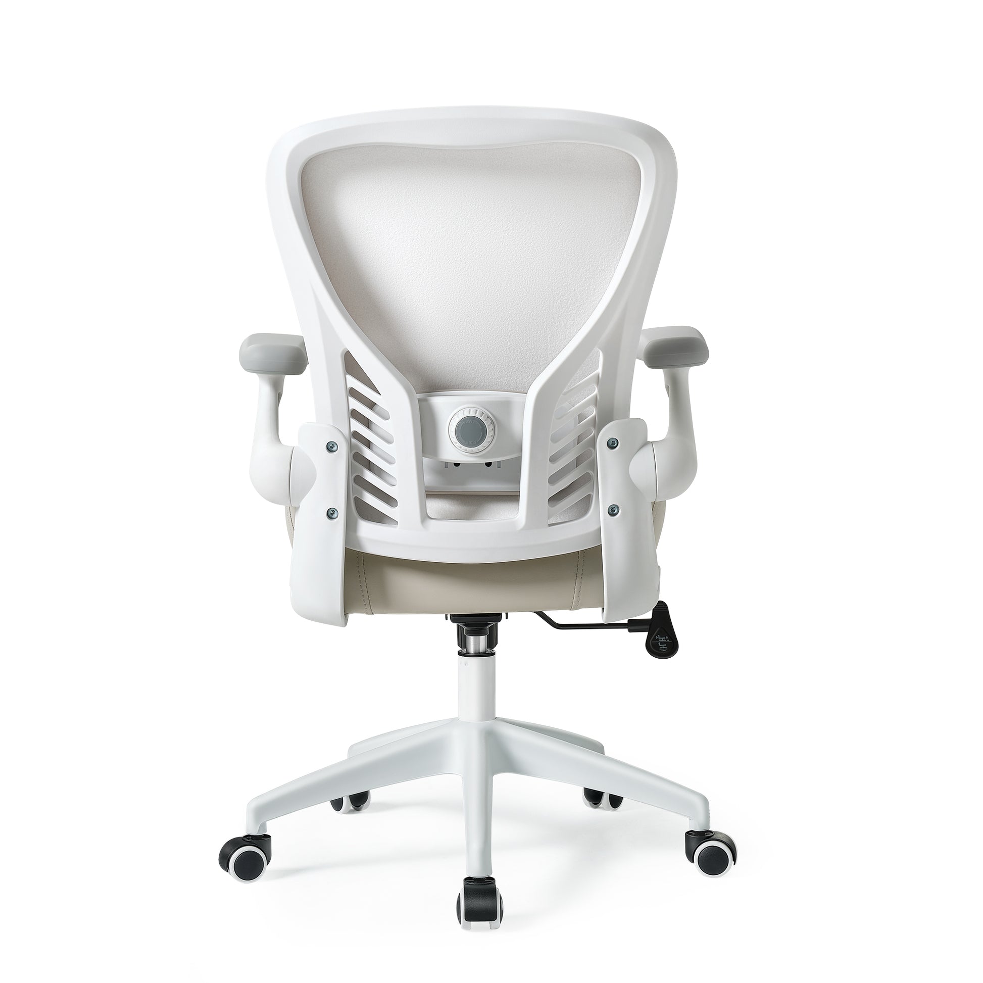 Back view of white background PU leather ergonomic office chair with lumbar support, Beige 