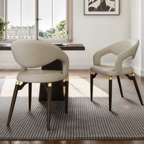Chantilly Dining Chairs in Cream Leather With Dark Brown Legs and Gold Accents, Set of 2, Modern Dining Room.