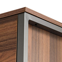 Walnut 5-Drawer Dresser Corner Detail - Modern Chest of Drawers With Metal Frame and Wood Grain.