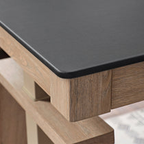 Ark Ex Executive Standing Desk Detail: Black Faux Leather Desktop and Oak Veneer Base.