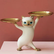HD-17 Enchanting Cat Storage Ornament, Resin Cat Figurine With Gold Trays for Storage.