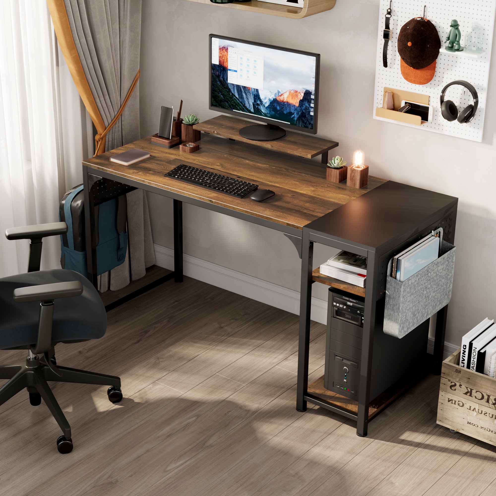 55'' Modern Home Office Desk with Built-in Monitor Riser for Workspace