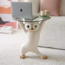 Enchanting Cat Side Table With Clear Glass Tray, a Beige Cat Design, Stylish Home Decor, Ideal for Laptop Use.