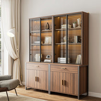 Eureka Ergonomic 77'' Walnut Bookshelf With Glass Doors and Storage Cabinets, for Books and Display.