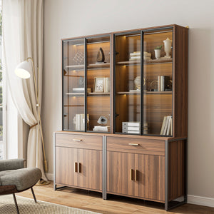 77'' Display Bookshelf with Glass Door and Storage Cabinets, Walnut
