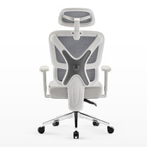 Eureka Ergonomic Exis ergonomic chair rear view: light gray seat, white striped mesh back, adjustable headrest, white armrests, metal base.