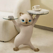 Enchanting Cat Side Table, Beige Cat Design With Dual Glass Trays, a Functional and Stylish Home Decor.