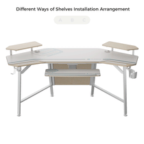 Eureka Ergonomic Gaming Desk With Convertible Shelves, Showcasing Different Shelf Installation Arrangements for Workspace.