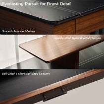 Faux Saddle Leather Standing Desk Detail: Smooth Rounded Corner, Handcrafted Wood Texture, and Self-Close Drawers.