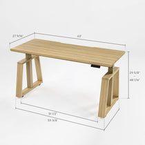 Ark Lite Standing Desk Dimensions, Light Woodgrain Finish, Ergonomic Home Office Desk With Detailed Measurements.