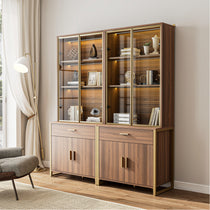 Eureka Ergonomic 77'' Walnut Bookshelf With Glass Door and Storage Cabinets, Ideal for Displaying Books and Decor.
