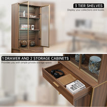 Eureka Ergonomic 77'' Walnut Display Bookshelf With Glass Door, Storage Cabinets, and Adjustable Shelves.