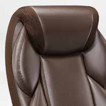 Galene Office Chair Headrest Detail, Brown Faux Leather, Ergonomic Design.