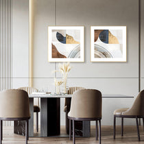 WA-03 Wall Art Set of 2, Abstract Prints in Gold Frames With Geometric Designs, Modern Dining Room Decor.