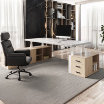 Eureka Ergonomic Zen Pro Executive Standing Desk With White Marble Top and Wood Cabinets in a Modern Office Design.