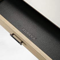 Eureka Ergonomic Desk Drawer Detail With Black Leather Grip and Wooden Frame, Luxury Design.