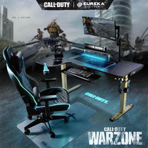 Eureka Ergonomic Call of Duty co-branded gaming standing desk with RGB lighting, Warzone mousepad, and gaming chair.