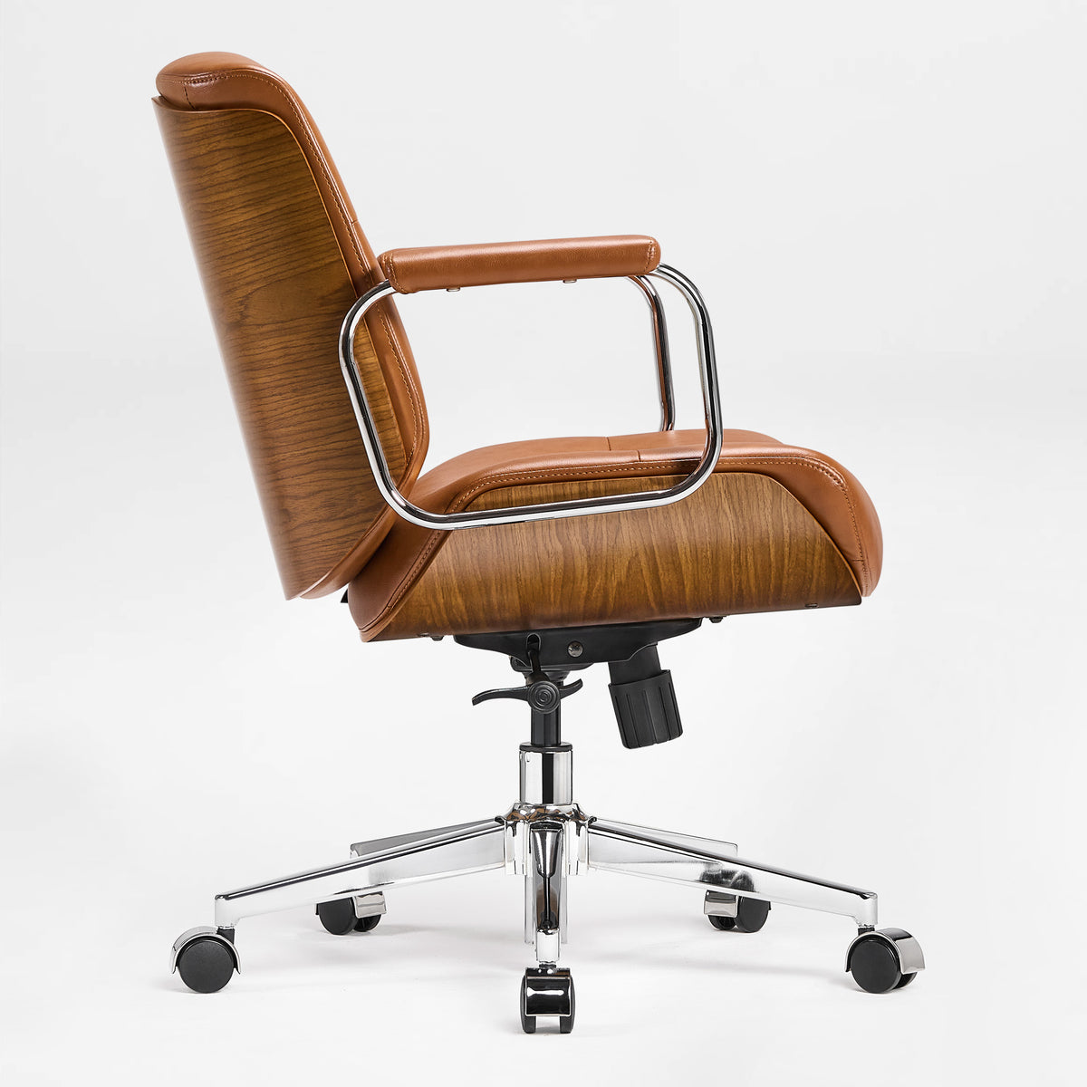 Eureka Ergonomic brown Mathias Mason low back office chair shown from a side angle on white