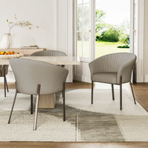 Modern Jade Upholstered Arm Dining Chair in a Dining Room Setting With Marble Table and Metal Legs, Dining Room Decor.