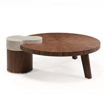 41 Irregular Round Walnut Coffee Table With Marble Accent and Solid Wood Design.
