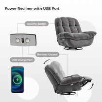 Grayson Power Recliner Chair With Usb Port, Grey Fabric, Reclining and Usb Charging.