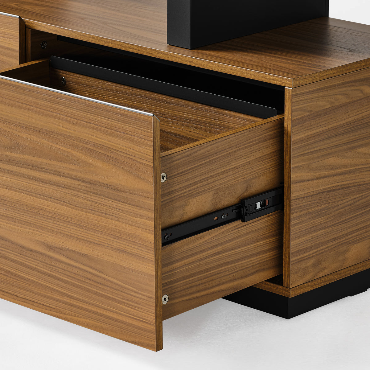 Eureka Ergonomic Ark 78 inch walnut bookshelf with an open drawer and visible sliding hardware