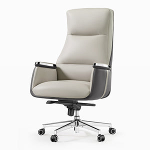 Royal II Executive Ergonomic Office Chair in Cream and Gray Leather, High Back, and Silver Accents.