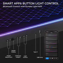 Eureka Ergonomic GTG-L60 Pro gaming desk app control: Eureka Light app showing scene customization, height adjustment, and USB ports.
