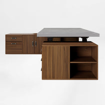 Eureka Ergonomic Zen Pro Executive Standing Desk With Black Sintered Stone Top and Wood Cabinets.